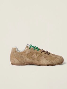 New Balance Tan Suede Sneaker with Green and Brown Laces